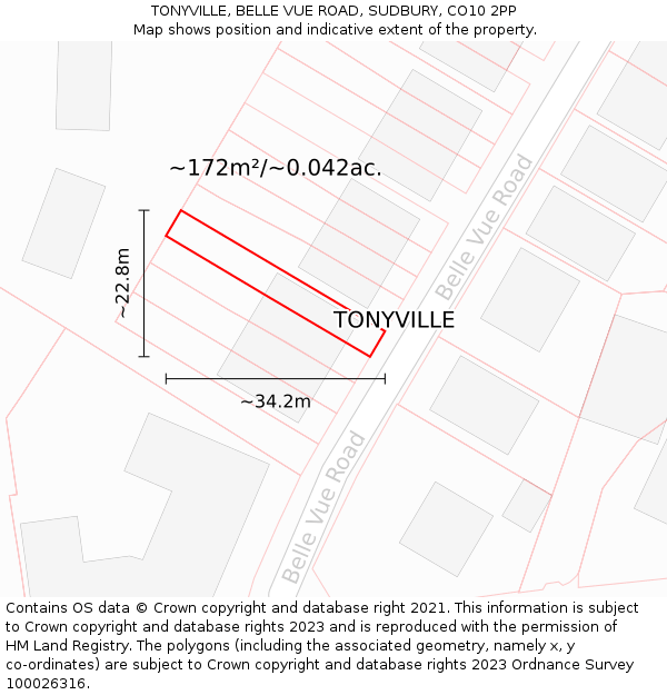 TONYVILLE, BELLE VUE ROAD, SUDBURY, CO10 2PP: Plot and title map