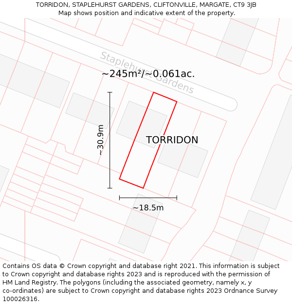 TORRIDON, STAPLEHURST GARDENS, CLIFTONVILLE, MARGATE, CT9 3JB: Plot and title map