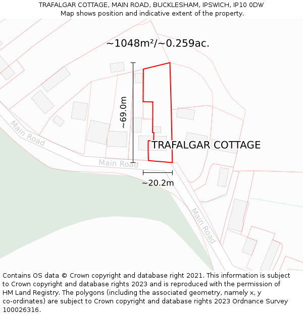 TRAFALGAR COTTAGE, MAIN ROAD, BUCKLESHAM, IPSWICH, IP10 0DW: Plot and title map