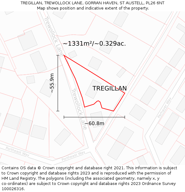 TREGILLAN, TREWOLLOCK LANE, GORRAN HAVEN, ST AUSTELL, PL26 6NT: Plot and title map