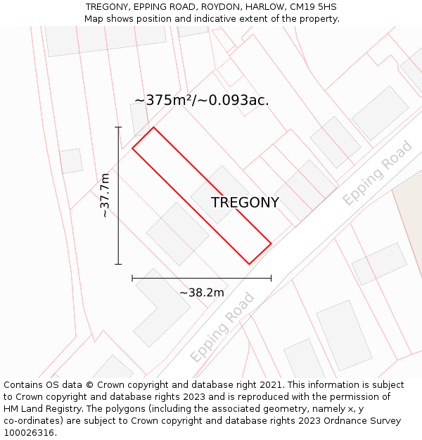 TREGONY, EPPING ROAD, ROYDON, HARLOW, CM19 5HS: Plot and title map