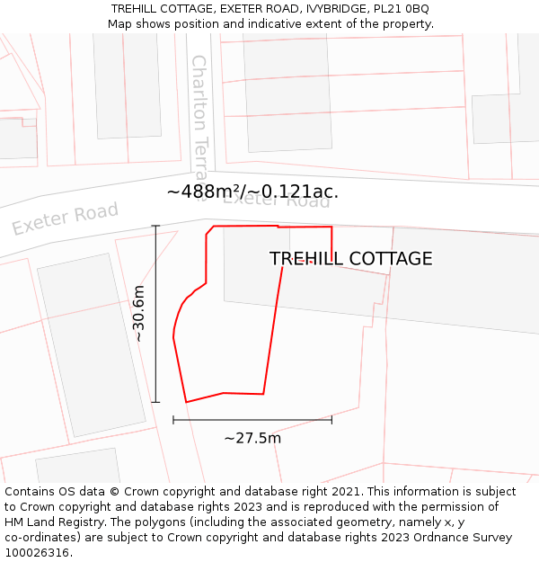 TREHILL COTTAGE, EXETER ROAD, IVYBRIDGE, PL21 0BQ: Plot and title map