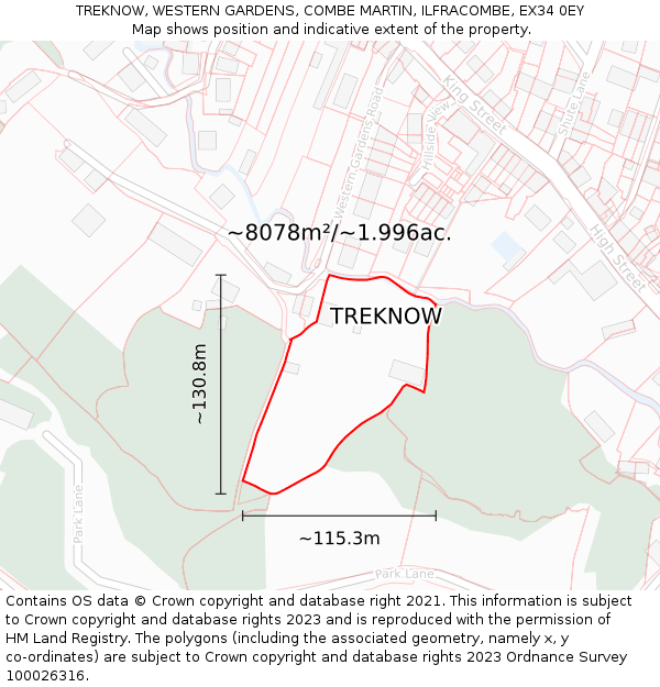 TREKNOW, WESTERN GARDENS, COMBE MARTIN, ILFRACOMBE, EX34 0EY: Plot and title map