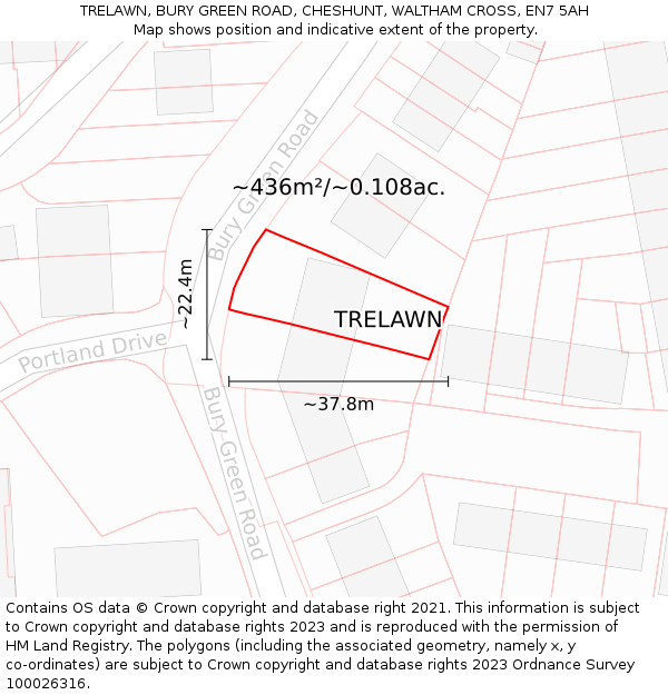 TRELAWN, BURY GREEN ROAD, CHESHUNT, WALTHAM CROSS, EN7 5AH: Plot and title map