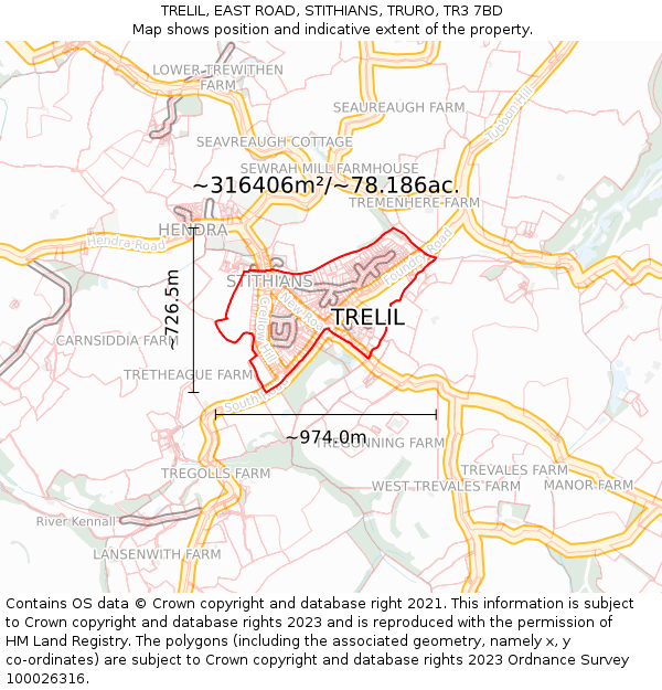 TRELIL, EAST ROAD, STITHIANS, TRURO, TR3 7BD: Plot and title map