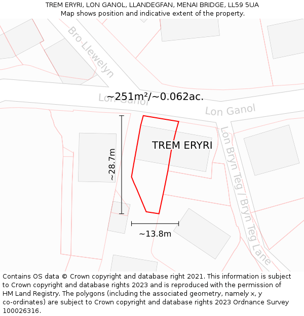 TREM ERYRI, LON GANOL, LLANDEGFAN, MENAI BRIDGE, LL59 5UA: Plot and title map