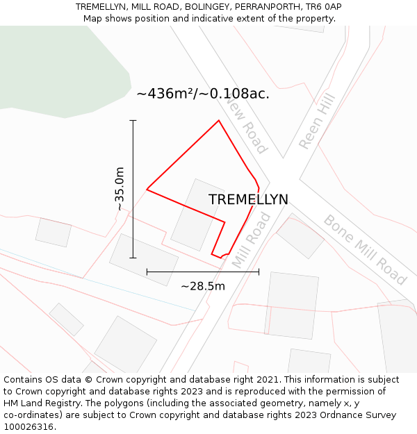 TREMELLYN, MILL ROAD, BOLINGEY, PERRANPORTH, TR6 0AP: Plot and title map