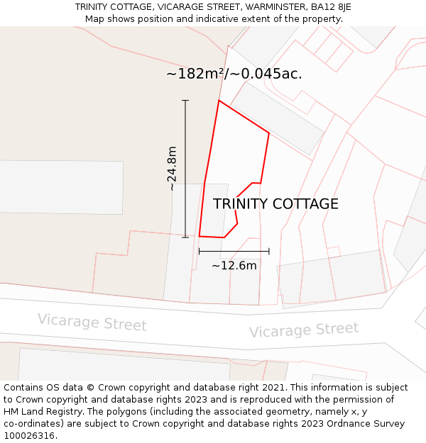 TRINITY COTTAGE, VICARAGE STREET, WARMINSTER, BA12 8JE: Plot and title map