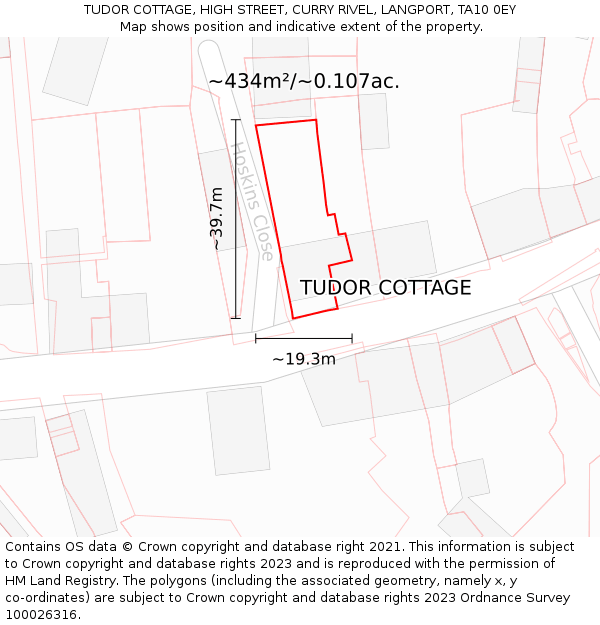 TUDOR COTTAGE, HIGH STREET, CURRY RIVEL, LANGPORT, TA10 0EY: Plot and title map