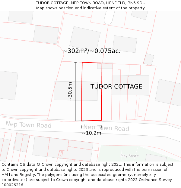 TUDOR COTTAGE, NEP TOWN ROAD, HENFIELD, BN5 9DU: Plot and title map