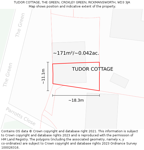 TUDOR COTTAGE, THE GREEN, CROXLEY GREEN, RICKMANSWORTH, WD3 3JA: Plot and title map