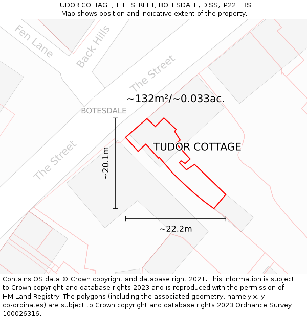 TUDOR COTTAGE, THE STREET, BOTESDALE, DISS, IP22 1BS: Plot and title map