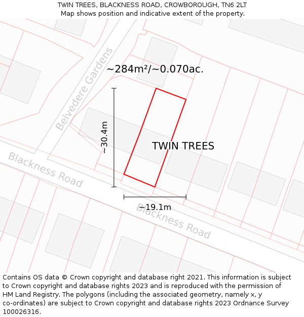 TWIN TREES, BLACKNESS ROAD, CROWBOROUGH, TN6 2LT: Plot and title map