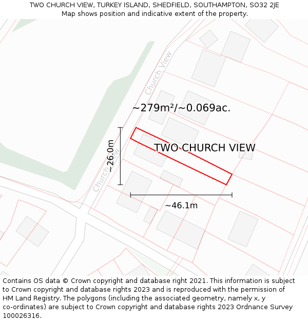 TWO CHURCH VIEW, TURKEY ISLAND, SHEDFIELD, SOUTHAMPTON, SO32 2JE: Plot and title map