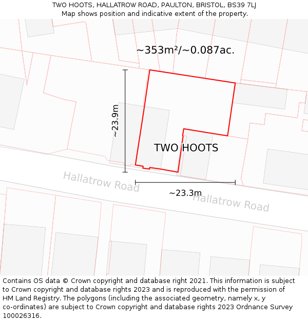 TWO HOOTS, HALLATROW ROAD, PAULTON, BRISTOL, BS39 7LJ: Plot and title map