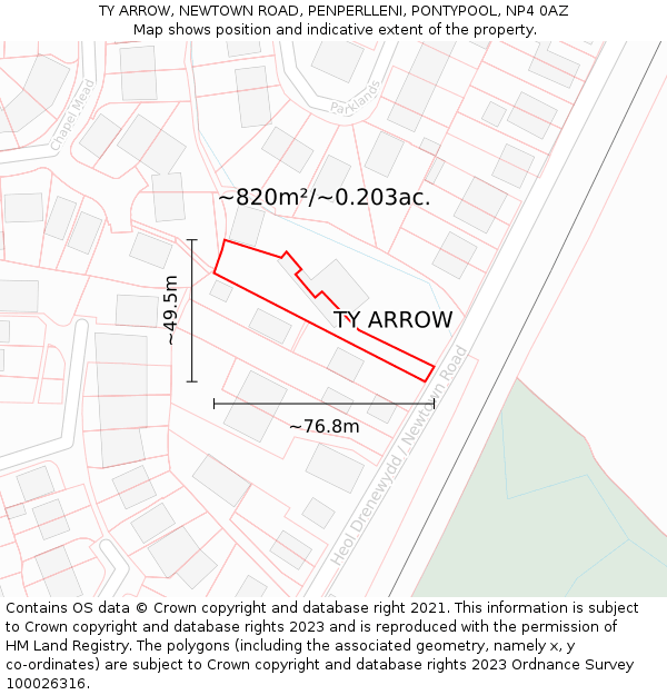 TY ARROW, NEWTOWN ROAD, PENPERLLENI, PONTYPOOL, NP4 0AZ: Plot and title map