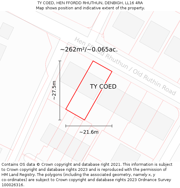 TY COED, HEN FFORDD RHUTHUN, DENBIGH, LL16 4RA: Plot and title map