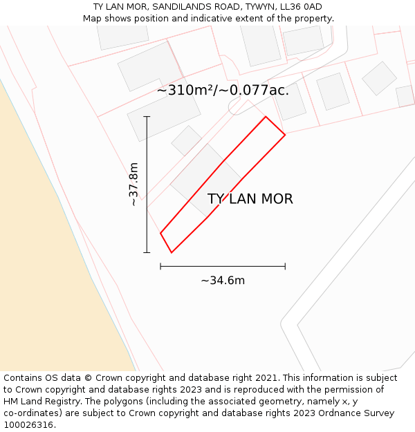 TY LAN MOR, SANDILANDS ROAD, TYWYN, LL36 0AD: Plot and title map