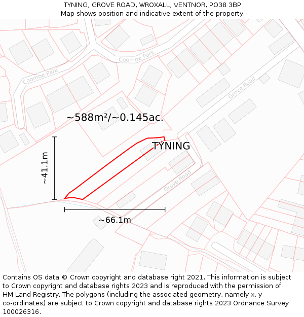 TYNING, GROVE ROAD, WROXALL, VENTNOR, PO38 3BP: Plot and title map