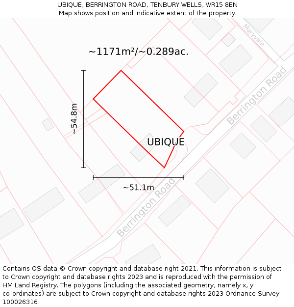 UBIQUE, BERRINGTON ROAD, TENBURY WELLS, WR15 8EN: Plot and title map