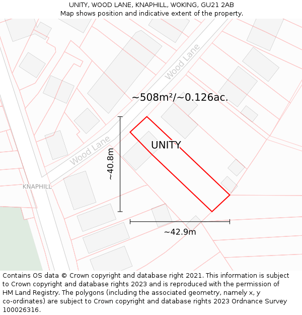 UNITY, WOOD LANE, KNAPHILL, WOKING, GU21 2AB: Plot and title map