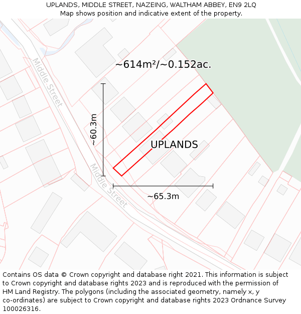 UPLANDS, MIDDLE STREET, NAZEING, WALTHAM ABBEY, EN9 2LQ: Plot and title map