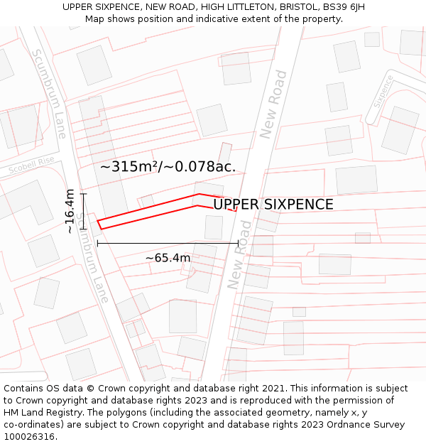 UPPER SIXPENCE, NEW ROAD, HIGH LITTLETON, BRISTOL, BS39 6JH: Plot and title map