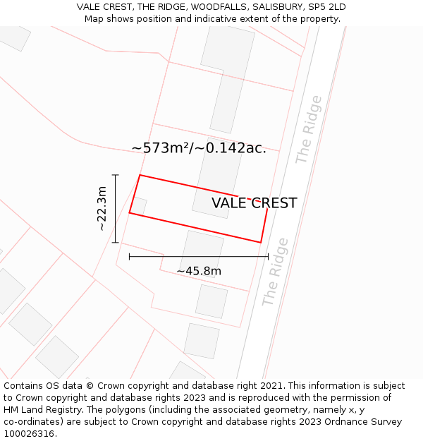 VALE CREST, THE RIDGE, WOODFALLS, SALISBURY, SP5 2LD: Plot and title map