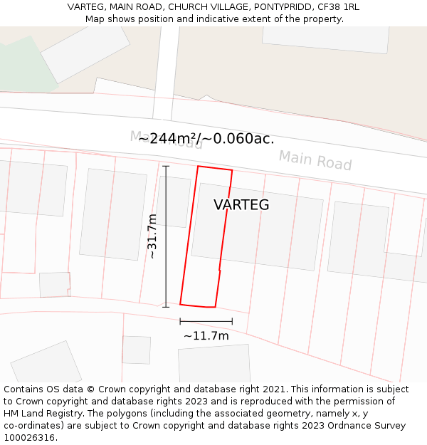 VARTEG, MAIN ROAD, CHURCH VILLAGE, PONTYPRIDD, CF38 1RL: Plot and title map