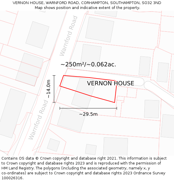 VERNON HOUSE, WARNFORD ROAD, CORHAMPTON, SOUTHAMPTON, SO32 3ND: Plot and title map