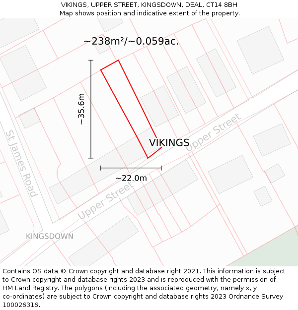 VIKINGS, UPPER STREET, KINGSDOWN, DEAL, CT14 8BH: Plot and title map