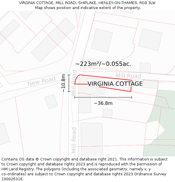 VIRGINIA COTTAGE, MILL ROAD, SHIPLAKE, HENLEY-ON-THAMES, RG9 3LW: Plot and title map