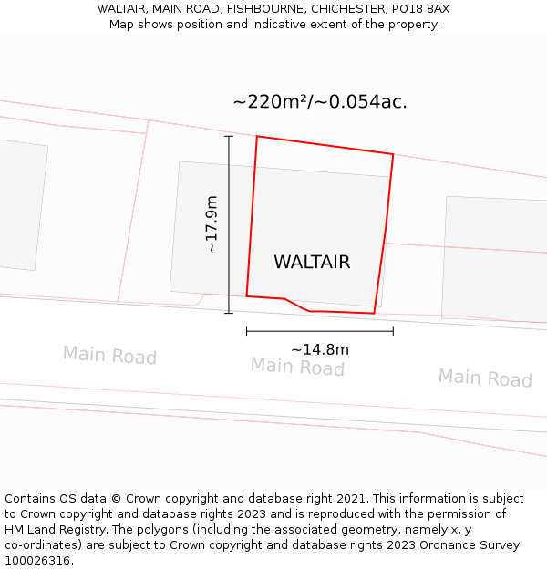 WALTAIR, MAIN ROAD, FISHBOURNE, CHICHESTER, PO18 8AX: Plot and title map