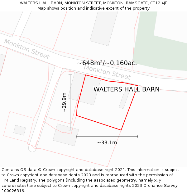 WALTERS HALL BARN, MONKTON STREET, MONKTON, RAMSGATE, CT12 4JF: Plot and title map