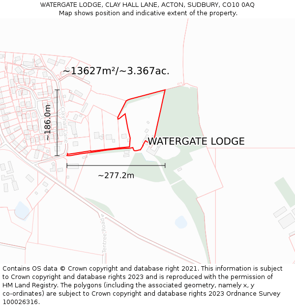 WATERGATE LODGE, CLAY HALL LANE, ACTON, SUDBURY, CO10 0AQ: Plot and title map