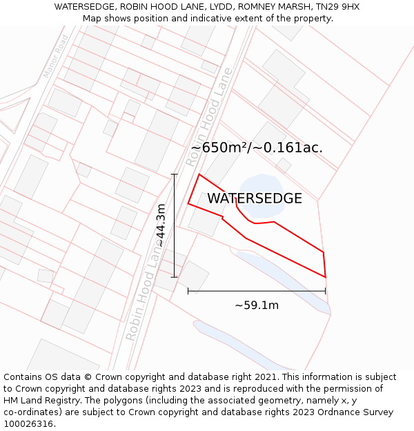 WATERSEDGE, ROBIN HOOD LANE, LYDD, ROMNEY MARSH, TN29 9HX: Plot and title map