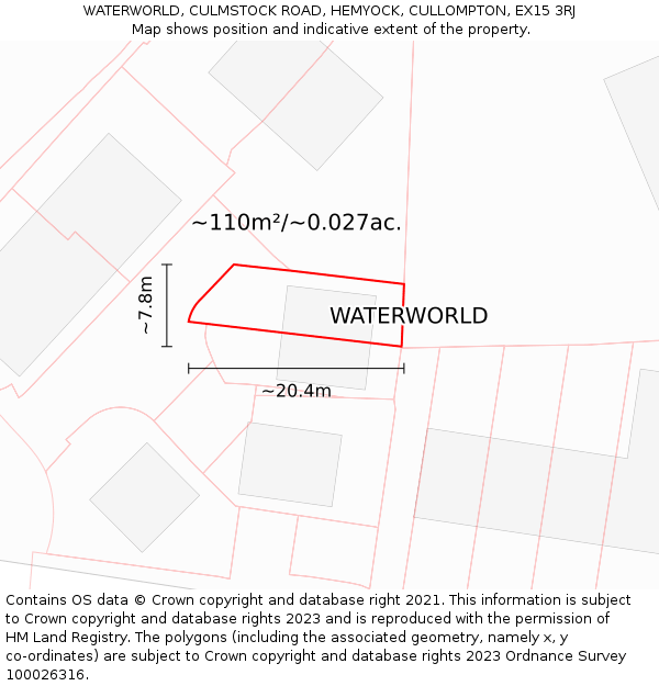 WATERWORLD, CULMSTOCK ROAD, HEMYOCK, CULLOMPTON, EX15 3RJ: Plot and title map