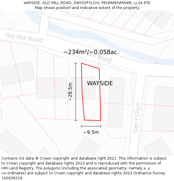 WAYSIDE, OLD MILL ROAD, DWYGYFYLCHI, PENMAENMAWR, LL34 6TE: Plot and title map