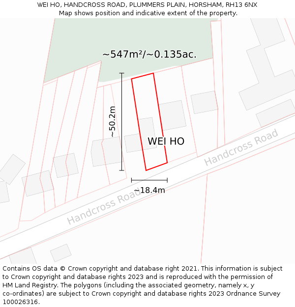 WEI HO, HANDCROSS ROAD, PLUMMERS PLAIN, HORSHAM, RH13 6NX: Plot and title map