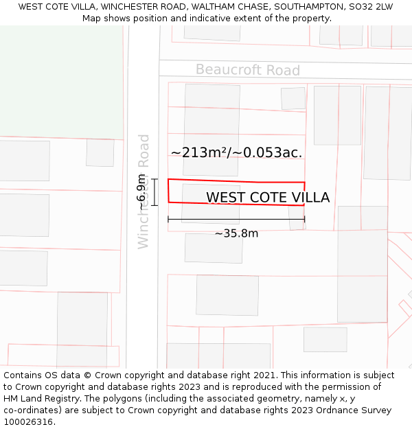 WEST COTE VILLA, WINCHESTER ROAD, WALTHAM CHASE, SOUTHAMPTON, SO32 2LW: Plot and title map