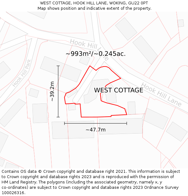 WEST COTTAGE, HOOK HILL LANE, WOKING, GU22 0PT: Plot and title map