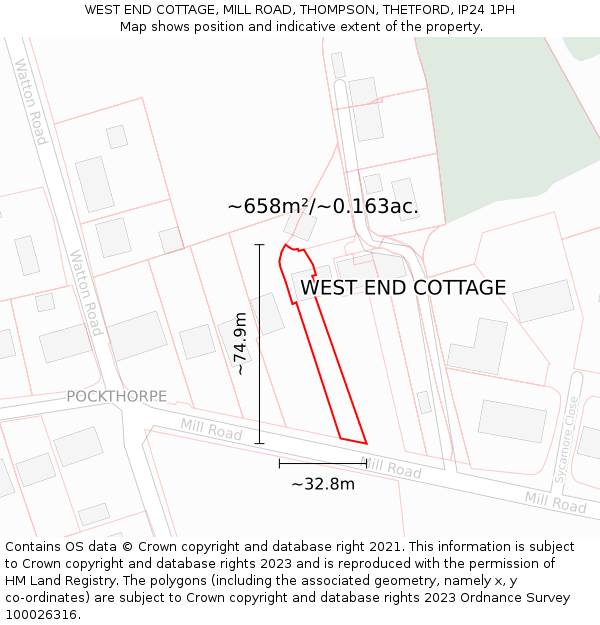 WEST END COTTAGE, MILL ROAD, THOMPSON, THETFORD, IP24 1PH: Plot and title map