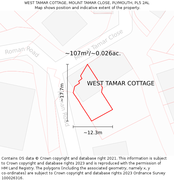 WEST TAMAR COTTAGE, MOUNT TAMAR CLOSE, PLYMOUTH, PL5 2AL: Plot and title map