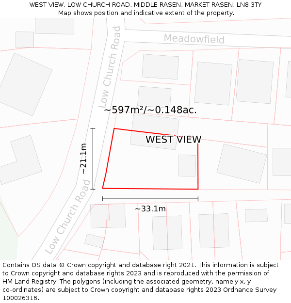 WEST VIEW, LOW CHURCH ROAD, MIDDLE RASEN, MARKET RASEN, LN8 3TY: Plot and title map