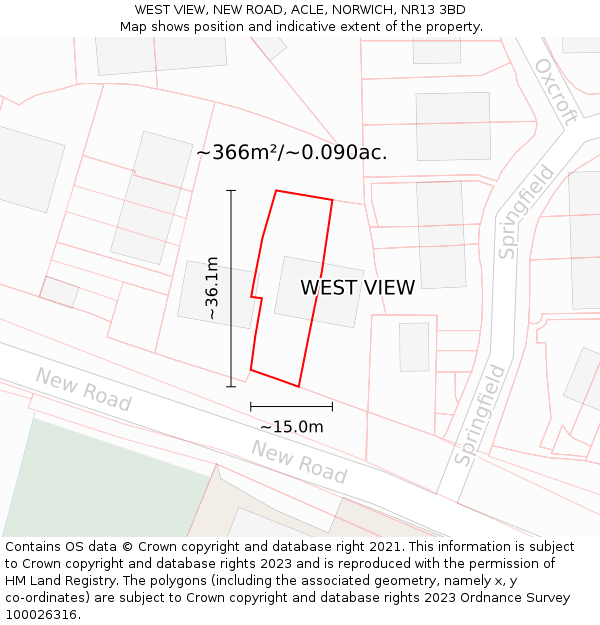 WEST VIEW, NEW ROAD, ACLE, NORWICH, NR13 3BD: Plot and title map