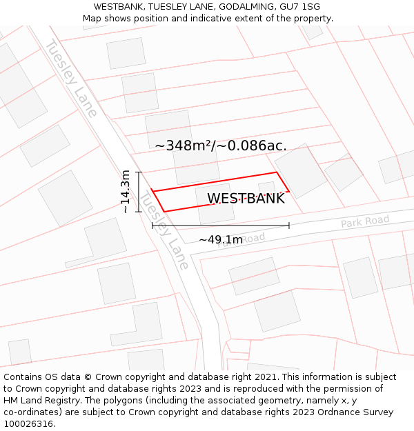 WESTBANK, TUESLEY LANE, GODALMING, GU7 1SG: Plot and title map