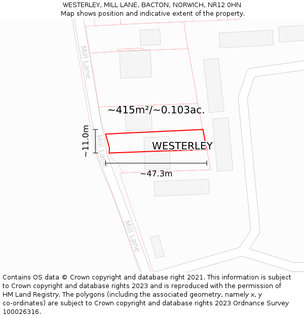 WESTERLEY, MILL LANE, BACTON, NORWICH, NR12 0HN: Plot and title map