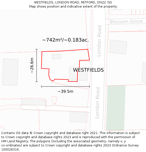 WESTFIELDS, LONDON ROAD, RETFORD, DN22 7JG: Plot and title map