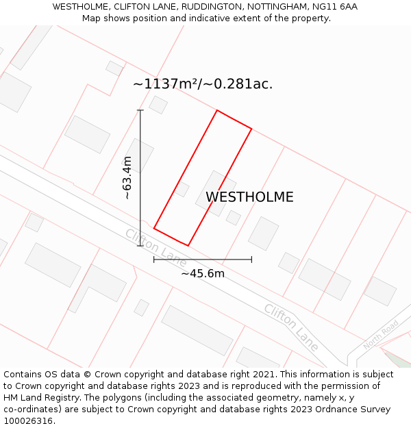 WESTHOLME, CLIFTON LANE, RUDDINGTON, NOTTINGHAM, NG11 6AA: Plot and title map