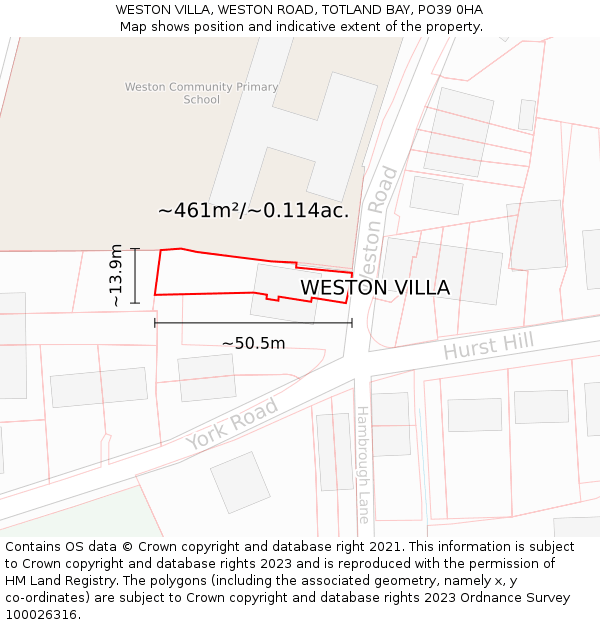 WESTON VILLA, WESTON ROAD, TOTLAND BAY, PO39 0HA: Plot and title map